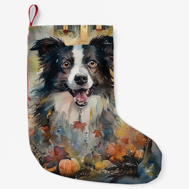 Halloween Border Collie With Pumpkins Scary  Small Christmas Stocking (Front)