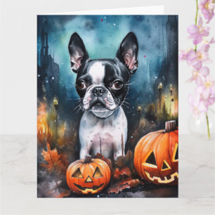 Halloween Boston Terrier With Pumpkins Scary Card