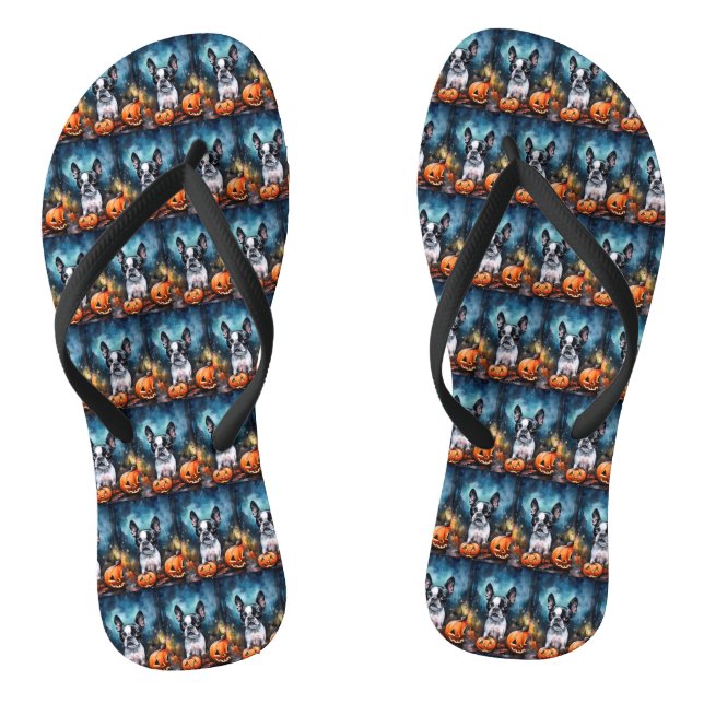 Halloween Boston Terrier With Pumpkins Scary  Jandals (Footbed)