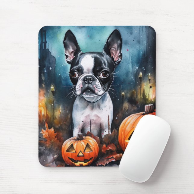 Halloween Boston Terrier With Pumpkins Scary  Mouse Pad (With Mouse)