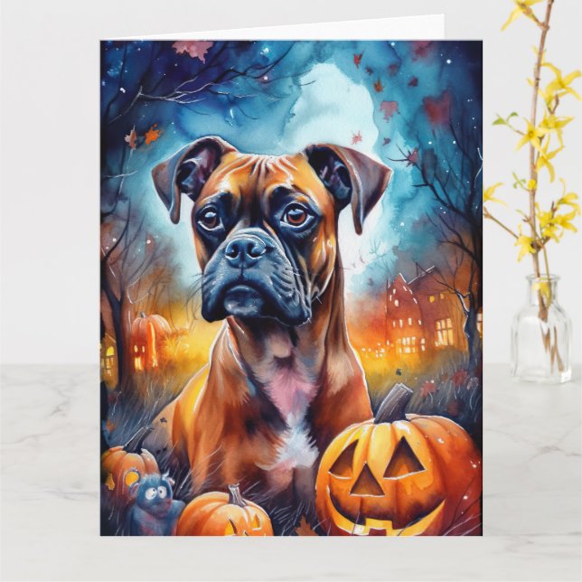 Halloween Boxer With Pumpkins Scary Card (Yellow Flower)