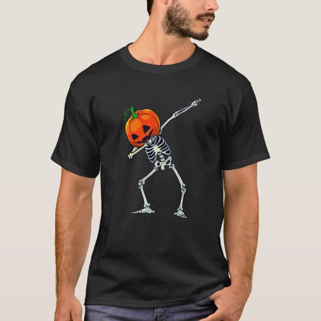 Halloween Boys Dabbing Skeleton Scary Pumpkin Jack T-Shirt (Front)