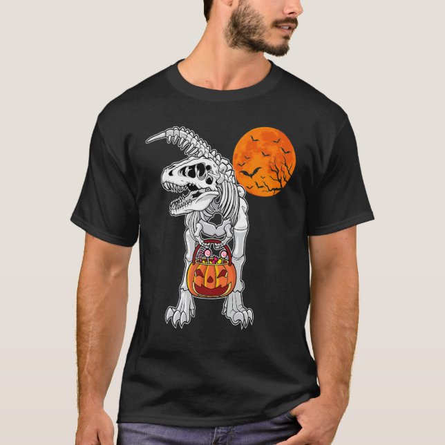 Halloween Boys Dinosaur Skeleton Rex Scary Pumpkin T-Shirt (Front)