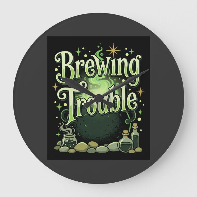 Halloween Brewing Trouble Witch Cauldron Potion De Large Clock (Front)