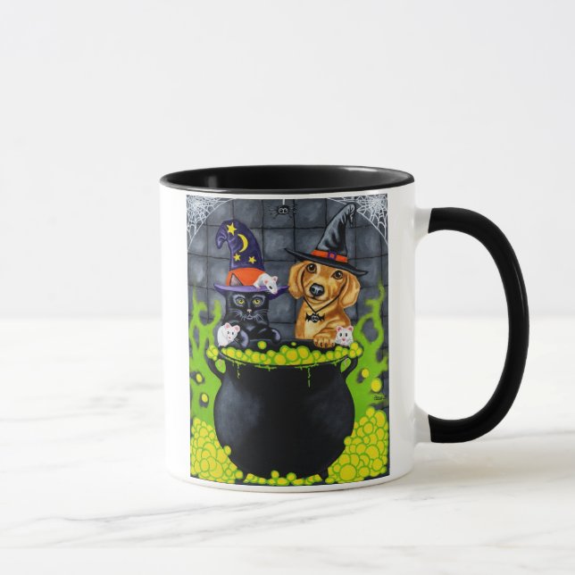 Halloween Brewing Up Trouble - Dachshund and Cat Mug (Right)