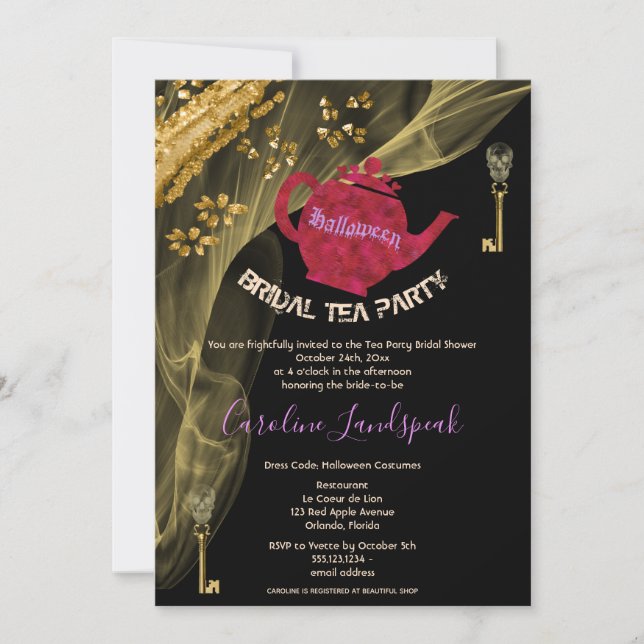Halloween Bridal Red Tea Pot & Gold Skulls Party I Invitation (Front)
