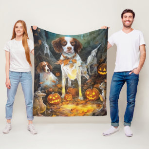 Halloween Brittany Spaniel With Pumpkins Scary Fleece Blanket