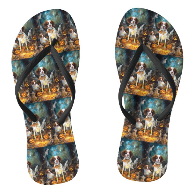 Halloween Brittany Spaniel With Pumpkins Scary Jandals (Footbed)