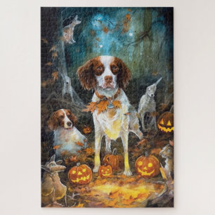 Halloween Brittany Spaniel With Pumpkins Scary Jigsaw Puzzle