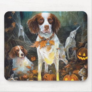 Halloween Brittany Spaniel With Pumpkins Scary Mouse Pad