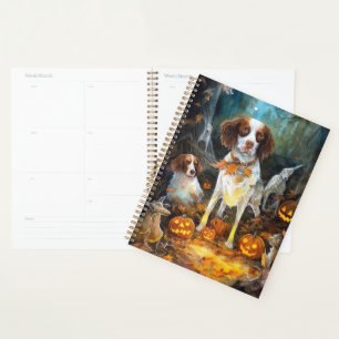 Halloween Brittany Spaniel With Pumpkins Scary Planner