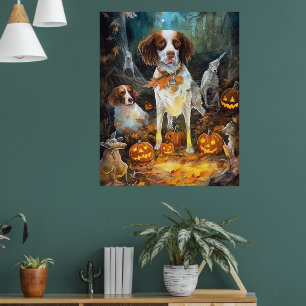 Halloween Brittany Spaniel With Pumpkins Scary Poster