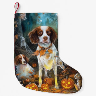 Halloween Brittany Spaniel With Pumpkins Scary Small Christmas Stocking
