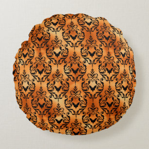 Halloween Brocade Spider Pattern Copper Black Round Cushion
