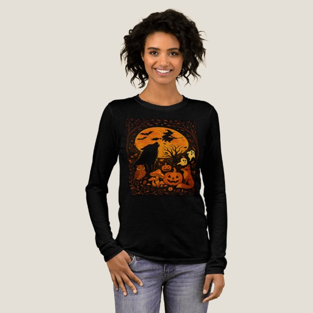 Halloween Broom Flying Witch and Moon Tri-Blend Shirt (Full Front)