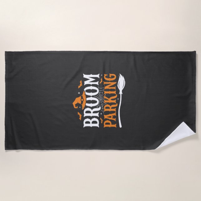Halloween Broom Parking Witch Hat Graphic Beach Towel (Front)