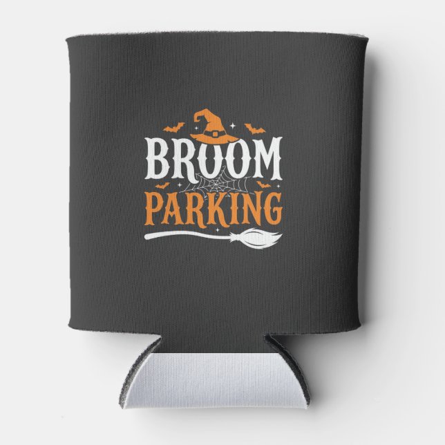 Halloween Broom Parking Witch Hat Graphic Can Cooler (Front)