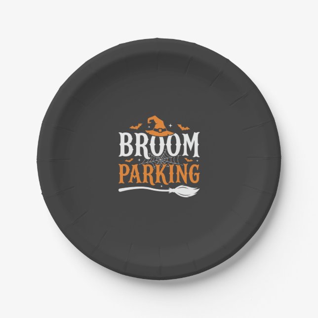 Halloween Broom Parking Witch Hat Graphic Paper Plate (Front)