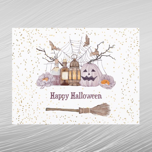 Halloween Broom Pumpkin Spider Web Lantern Holiday Postcard (Creator Uploaded)