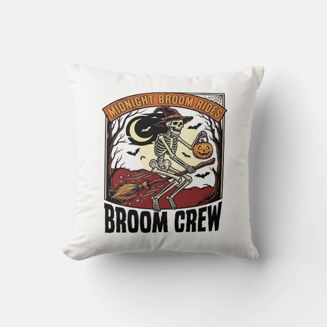 Halloween Broom Rides Vintage Skeleton Witch Graph Cushion (Front)