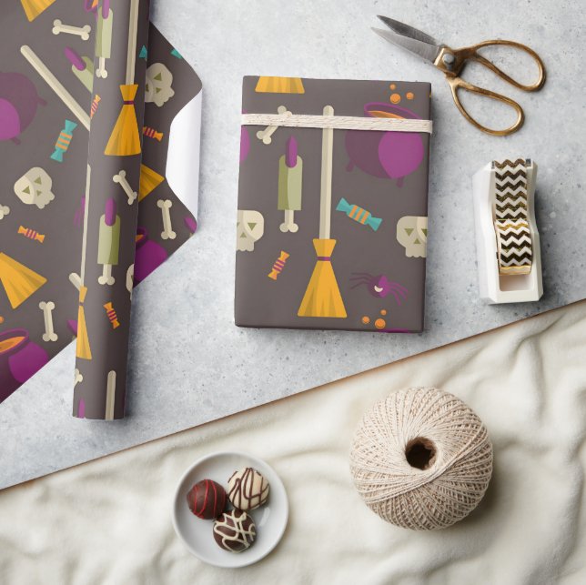 Halloween broom, skull and Candy Gift Wrapping Paper (Crafts)