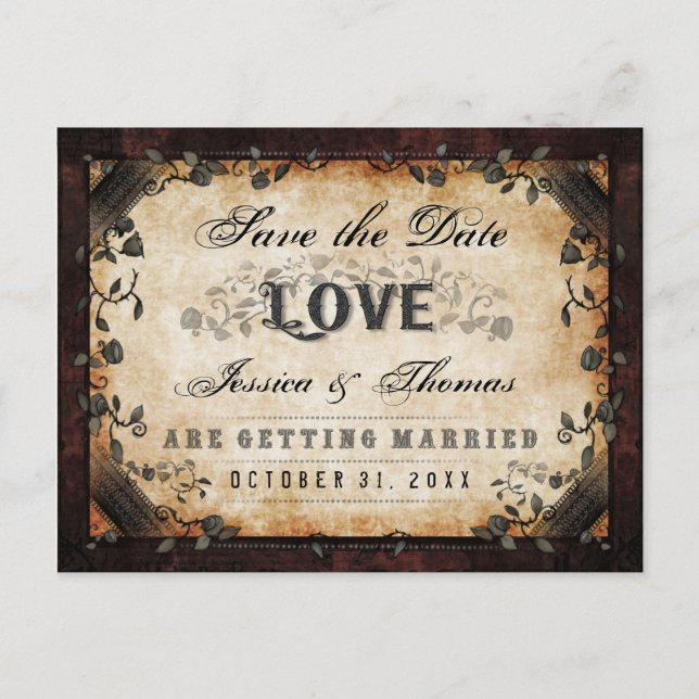 Halloween Brown Gothic LOVE Save Date PostCard (Front)