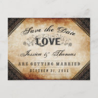 Halloween Brown Gothic LOVE Save Date PostCard