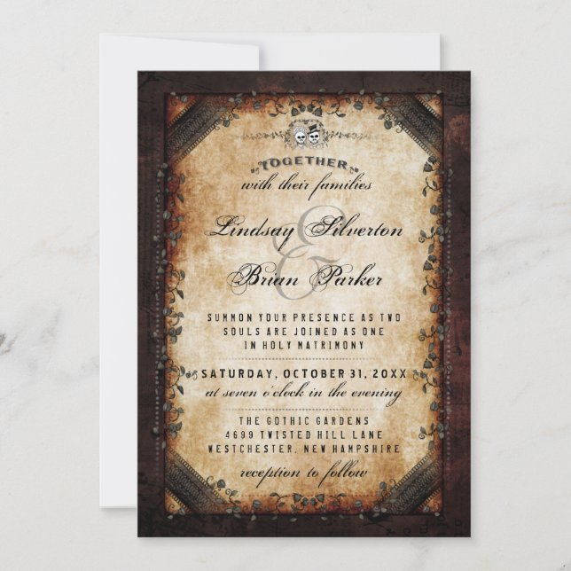 Halloween Brown Gothic "Together With" Skeleton Invitation (Front)