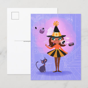 Halloween Brown Hair Witch Lavender & Pink Postcard
