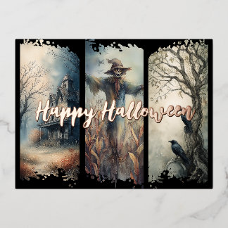 Halloween Brushstroke Triptych Foil Holiday Postcard