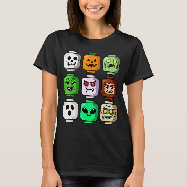 Halloween Building Brick Head Pumpkin Ghost Zombie T-Shirt (Front)