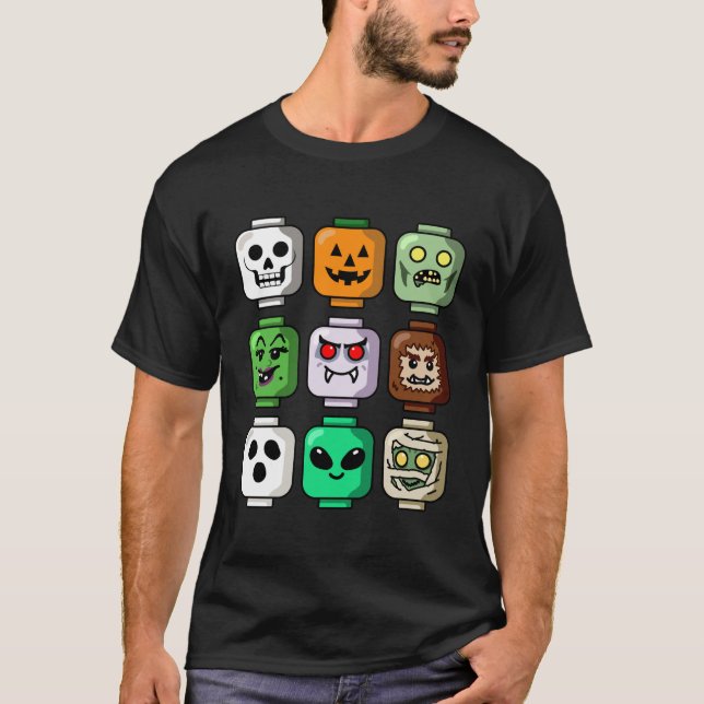 Halloween Building Brick Head Pumpkin Ghost Zombie T-Shirt (Front)