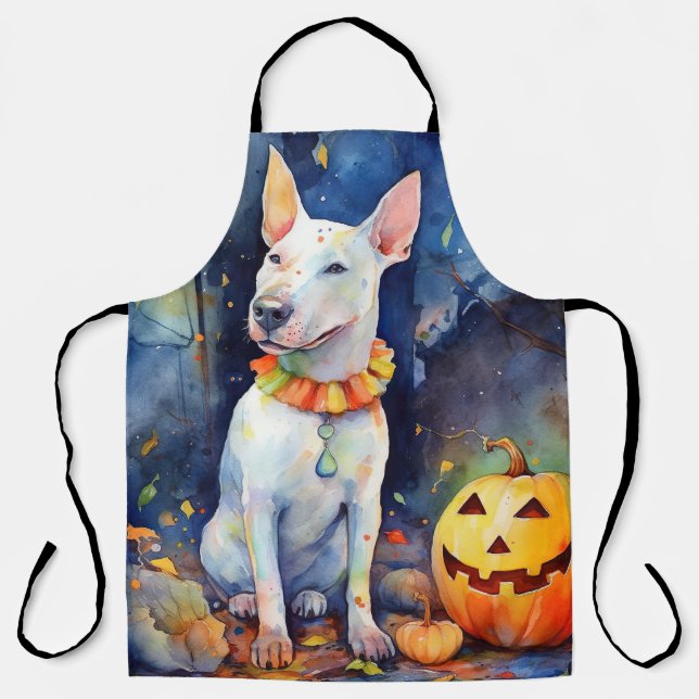Halloween Bull Terrier With Pumpkins Scary  Apron (Front)