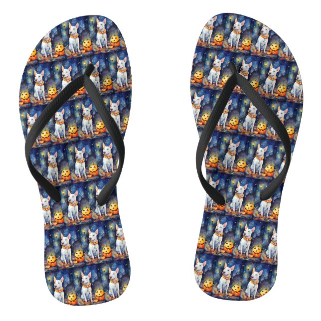 Halloween Bull Terrier With Pumpkins Scary  Jandals (Footbed)