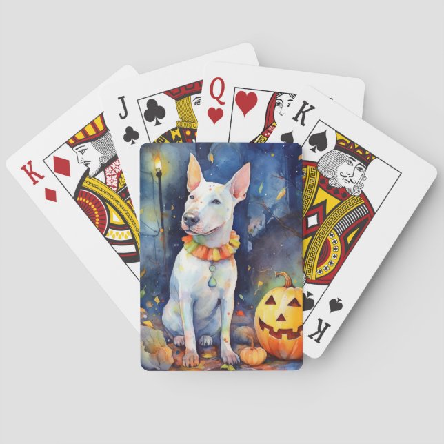 Halloween Bull Terrier With Pumpkins Scary  Playing Cards (Back)