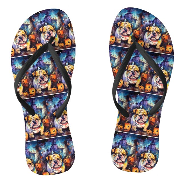 Halloween Bulldog With Pumpkins Scary Jandals (Footbed)