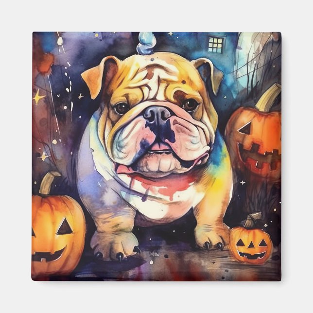 Halloween Bulldog With Pumpkins Scary Magnet (Front)