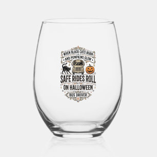 Halloween Bus Driver Spooky Vintage Engraving Shir Stemless Wine Glass