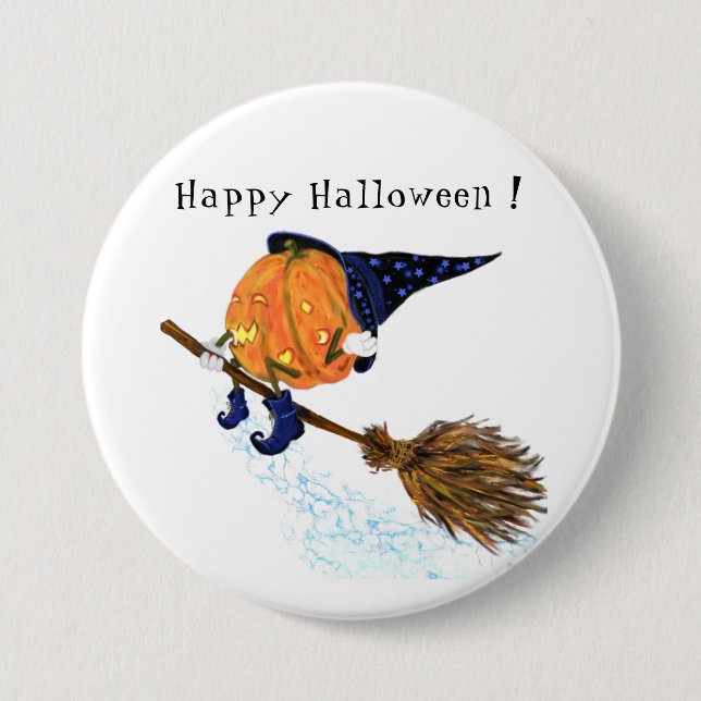 Halloween Button Witch Pumpkin Flying Broom (Front)