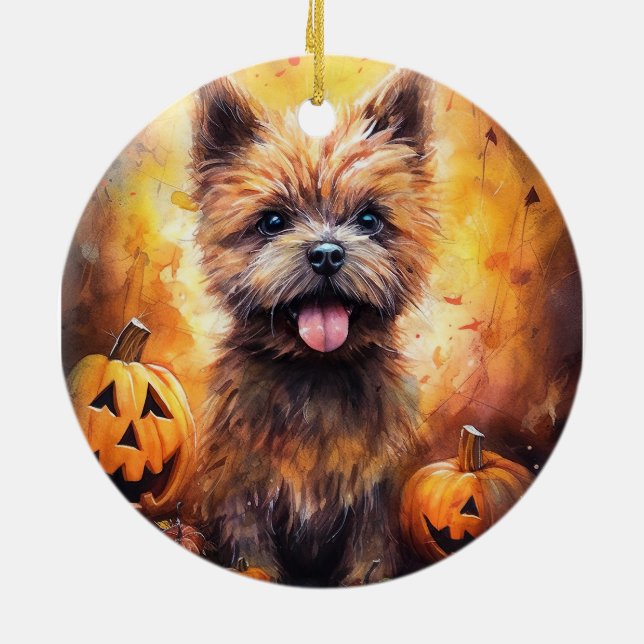 Halloween Cairn Terrier With Pumpkins Scary  Ceramic Tree Decoration (Back)