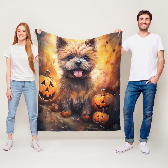 Halloween Cairn Terrier With Pumpkins Scary  Fleece Blanket (In Situ)