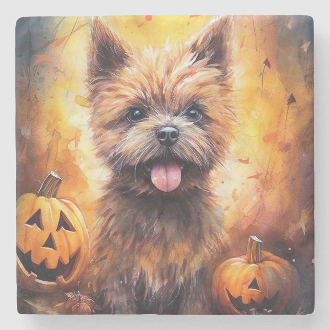 Halloween Cairn Terrier With Pumpkins Scary  Stone Coaster (Front)