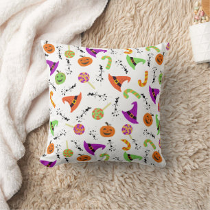 Halloween Candies Pumpkins Witch Hats Pattern Cushion