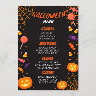 Halloween Candy and Pumpkin Party Dinner Menu Card