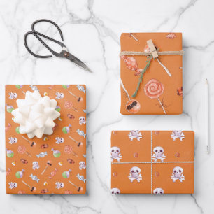 Halloween Candy and Skull Watercolor Wrapping Paper Sheet