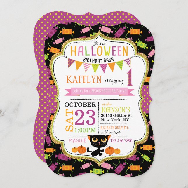 Halloween Candy Black Cat Pumpkins Birthday Invitation (Front/Back)
