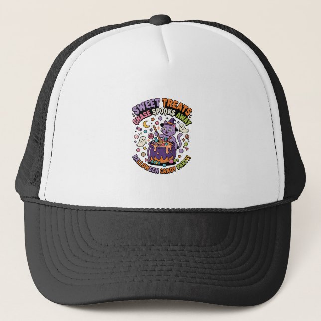 Halloween Candy Cauldron Spooky Treats Trucker Hat (Front)