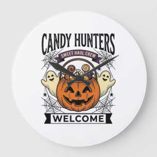 Halloween Candy Collector Vintage Engraving Pumpki Large Clock