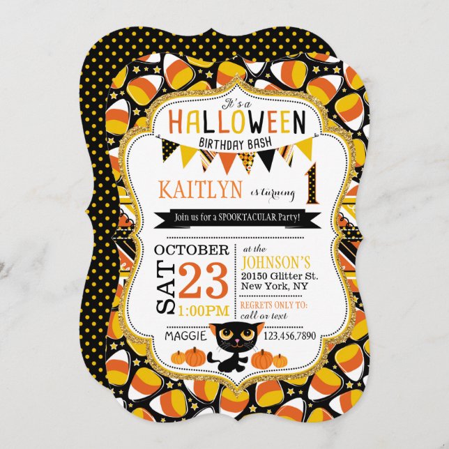 Halloween Candy Corn Black Cat Pumpkins Birthday Invitation (Front/Back)