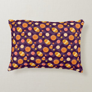 Halloween Candy Corn Candies on Purple Decorative Cushion